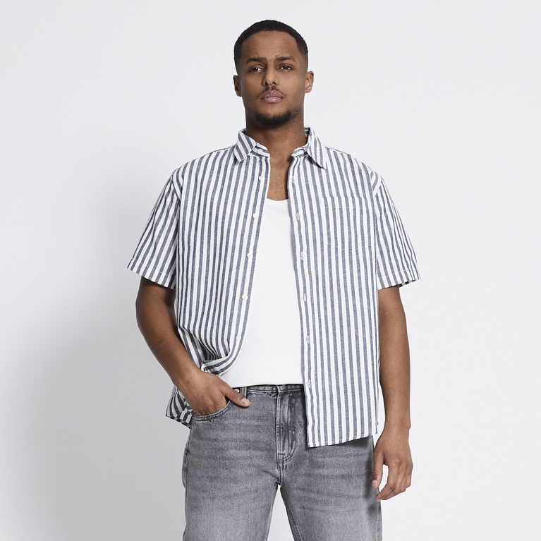 Short sleeve linen blend shirt "Isak Stripe" Dark Blue